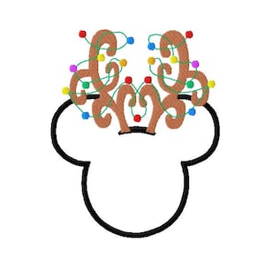 May include: A black outline of a Mickey Mouse head with brown antlers and colorful Christmas lights wrapped around them.