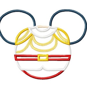 May include: Embroidered design of a cartoon character with large ears, wearing a white shirt with gold trim and a red belt. The character has a round face and a friendly expression.