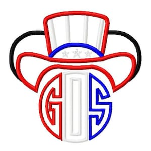 Puede incluir: Sombrero de Tío Sam rojo, blanco y azul con un ala de sombrero de vaquero y un círculo con monograma en el centro. El monograma es en blanco, rojo y azul.