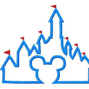 May include: A blue outline of a castle with Mickey Mouse ears in the centre. The castle has five towers with red flags on top.