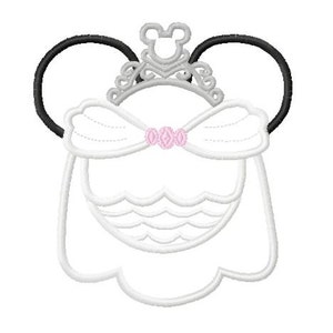 May include: White and gray embroidered design of a princess with a crown, bow, and Mickey Mouse ears. The design is perfect for a Disney-themed project.