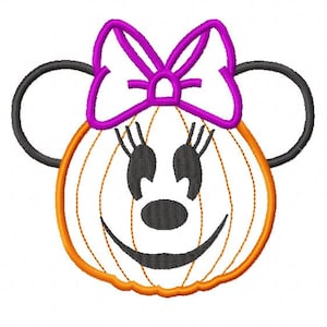 May include: A pumpkin with a Minnie Mouse face, wearing a purple bow. The pumpkin is orange and white with a black nose and eyes.