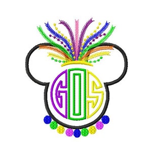 Character Inspired Monogram Mouse Mardi Gras with Feather Crown Embroidery Applique Design
