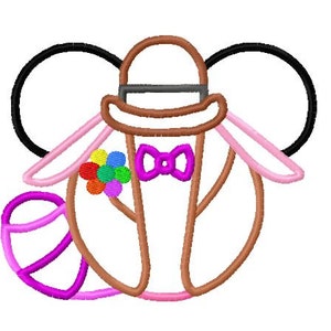 May include: An embroidered design of a cartoon character wearing a brown hat, a pink bow tie, and a brown jacket. The character has large pink ears and is holding a bunch of colourful balloons.