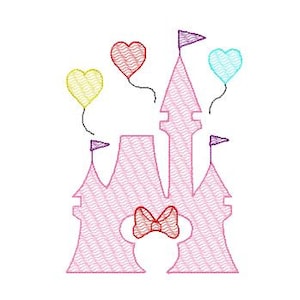 Könnte beinhalten: Rosa Schloss mit einer roten Schleife und vier bunten herzförmigen Ballons. Das Schloss hat ein spitzes Dach und einen hohen Turm.