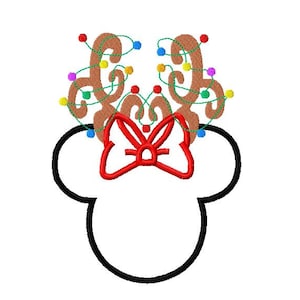 May include: A black and white outline of Mickey Mouse ears with a red bow and brown reindeer antlers with colorful lights.