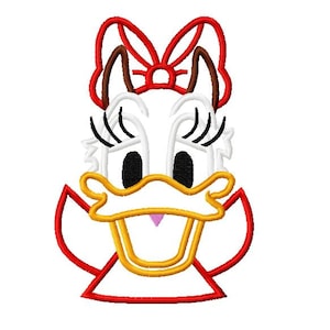 May include: A cartoon illustration of a white duck with a red bow, black eyelashes, and a yellow beak. The duck is smiling and has a pink tongue.