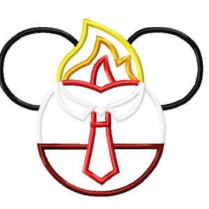 May include: Embroidered design featuring a white shirt, red tie, and a flame design in yellow and red, set within a black circle with black mouse ears. Suitable for apparel or accessories.