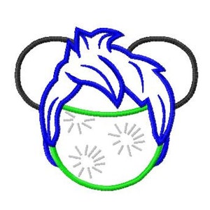 Puede incluir: Un personaje de dibujos animados azul y verde con una cara blanca y orejas negras. El personaje tiene el pelo azul y un contorno verde. La cara tiene un fondo blanco con un patrón de estrellas blancas.