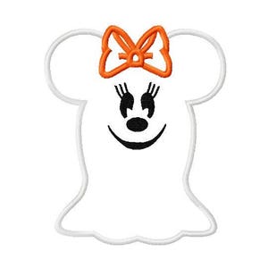 May include: A white ghost with a black smiling face, black eyes, and a black nose. The ghost has large, rounded ears and a bright orange bow on top of its head.