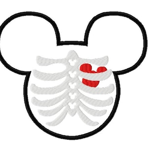 May include: Black and white outline of Mickey Mouse ears with a white ribcage and a red Mickey Mouse heart inside.