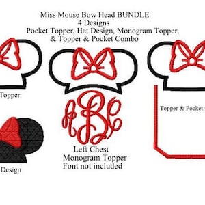 DISCOUNT SET of 4 Character Inspired Miss Mouse Pocket Topper, Hat/Cap Design, Monogram Topper, Pocket and Topper combo  Embroidery Applique