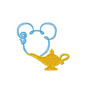 May include: A blue Mickey Mouse silhouette with a gold genie lamp coming out of the top of the head.