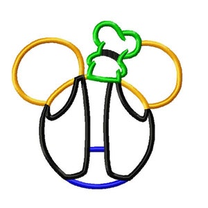 May include: A black and white outline of Mickey Mouse's head with yellow ears and a green chef's hat.