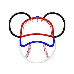 May include: Red, white, and blue baseball cap with Mickey Mouse ears and a baseball design.