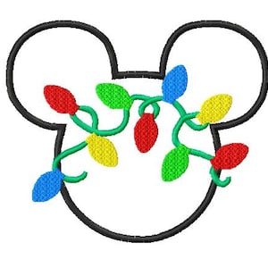 May include: Black outline of a Mickey Mouse head shape with a string of colorful Christmas lights. The lights are red, green, yellow, and blue, with green stems. A festive design for holiday decorations or apparel.