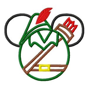 May include: Green and brown outline of a cartoon character wearing a green hat with a red feather and holding a bow and arrow. The character has large black ears.