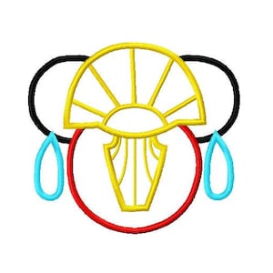 May include: A stylized image of an eye with a sunburst above it, surrounded by two red circles and two blue teardrop shapes. The eye is yellow, the sunburst is yellow, the circles are red, and the teardrops are blue.