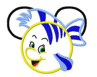 Character Inspired Mermaid Fish Friend Flounder with Full Face Embroidery Applique Design