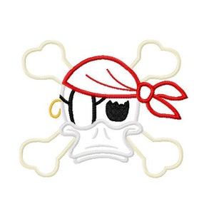 May include: A white skull with a red bandana and an eye patch, with crossed bones behind it. The skull has a cartoonish style.