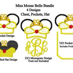 May include: Four embroidery designs for a Miss Mouse Belle bundle. The designs include a 2x3 pocket design, a 3x5 pocket design, a 2x3 filled hat design, and a 2x3 monogram design. The designs feature a yellow and black color scheme with a red bow and crown.