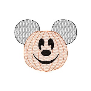 May include: Orange pumpkin with a Mickey Mouse face carved into it. The pumpkin has black eyes, a black nose, and a black smiling mouth. The pumpkin has two large gray ears on the top.