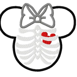 May include: A black and white skeleton with a red heart in the center, wearing a gray bow on top of its head. The skeleton is shaped like Mickey Mouse's head.