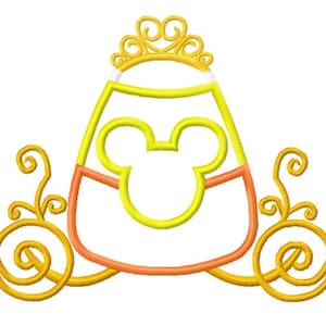 Könnte beinhalten: Ein gelber und orangefarbener Mais-Karren mit einer goldenen Krone und Mickey-Maus-Ohren. Der Wagen hat zwei Räder mit goldenen Spiralen.