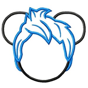 May include: A blue and black outline of a cartoon character's head with a single ear and a blue hair style.