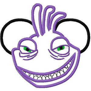 May include: A cartoon face in purple and white, featuring green eyes and a large smile. Two black loops, like ears, are on either side. This design is likely intended for a patch or embroidery.