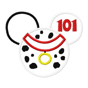 May include: A white and black Dalmatian dog with a red collar and a gold tag, with Mickey Mouse ears, one ear is black and the other ear is white with the number 101 in red.