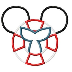 May include: A red, white, and blue life preserver with a blue whale tail in the center. The life preserver is surrounded by two black Mickey Mouse ears.
