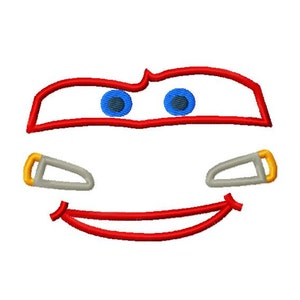 May include: Red cartoon car face with blue eyes and a wide smile. The car has a yellow and gray bumper.