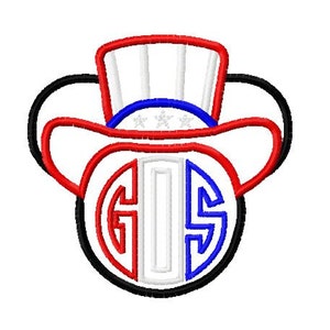 Puede incluir: Sombrero de Tío Sam rojo, blanco y azul con contorno negro y un círculo blanco en el centro con las letras G, I y S en rojo, blanco y azul.