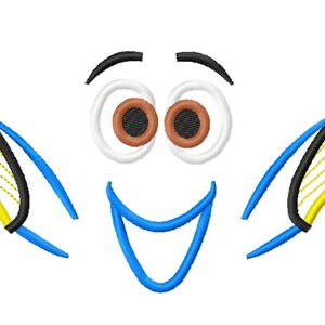 May include: A cartoon illustration of a blue fish with yellow and black fins. The fish has large white eyes with brown pupils and a wide, open mouth.