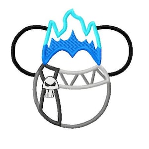 May include: Black and white Mickey Mouse ears with a blue and white flame design on top. The ears have a skull and crossbones design on the front.