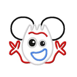 May include: Embroidered design of a white cartoon character with red and blue details, wearing Mickey Mouse ears. The character has a wide smile and large eyes.
