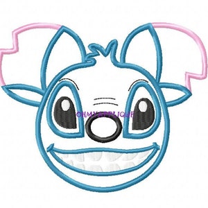 May include: Blue and pink cartoon character with large eyes and a wide smile. The character has two large ears and a small nose.