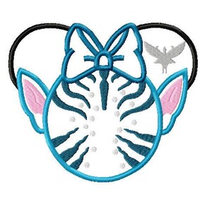 May include: Blue and white striped character with pink ears and a blue bow. The character has a white bird with black wings on the back of its head.