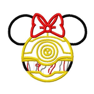 May include: Embroidered design featuring a yellow circle with a face, black ears, and a red bow. The design has a cartoonish style with red, white, and gray details, resembling a character.