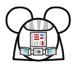 May include: Black and white cartoon illustration of Darth Vader with Mickey Mouse ears. The illustration features a white background.