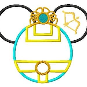 Może przedstawiać: Uszy Myszki Miki z turkusową i złotą koroną i wzorem łuku i strzały.