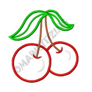 May include: Two red cherries with green stems and leaves.