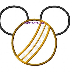 May include: A black and white Mickey Mouse head with a gold circle in the center. The circle has two white stripes with white dots.