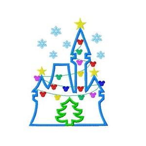 May include: A blue outline of a castle with a Christmas tree inside. The castle is decorated with colorful lights shaped like Mickey Mouse heads. Snowflakes are scattered around the castle.