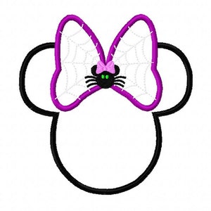 May include: Purple bow with a spider web design and a black spider with green eyes in the center. The bow is on top of a black mouse ears headband.