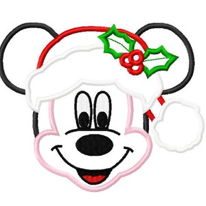 May include: A cartoon illustration of Mickey Mouse wearing a red and white Santa hat with green holly and red berries.