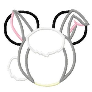 May include: A gray and white bunny head with pink ears. The bunny has a black outline and is a simple design.