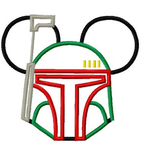 May include: A green, red, and black Boba Fett helmet with Mickey Mouse ears. The helmet has a gray antenna.