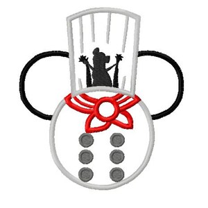 May include: A white and gray embroidered design of a chef's hat with a silhouette of a mouse inside. The hat has a red bow and six gray buttons on the front. The design is in the shape of Mickey Mouse ears.